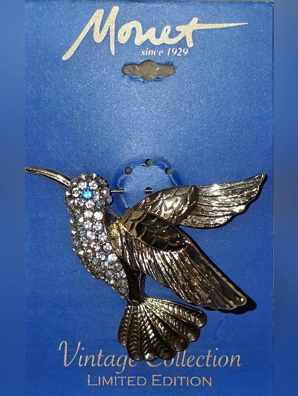 Monet Gold Hummingbird Brooch with Clear Crystals and Blue Eye